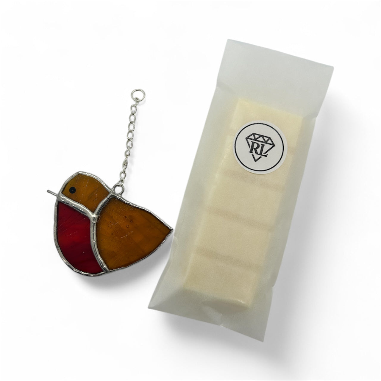 Gift Set - Christmas Spice Wax Melt Bar & Stained Glass Robin